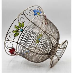 Vintage Beaded Wire Mesh Pedestal Basket Boho Floral Decor